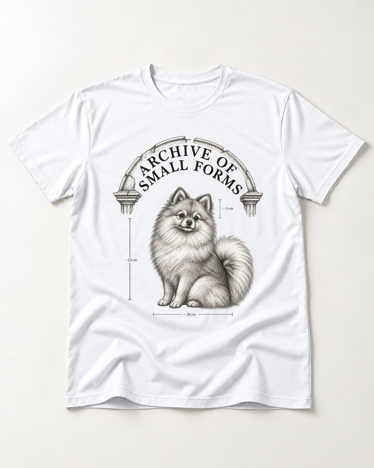 Pomeranian Archive of Small Forms T-Shirt in White, flat lay product photo