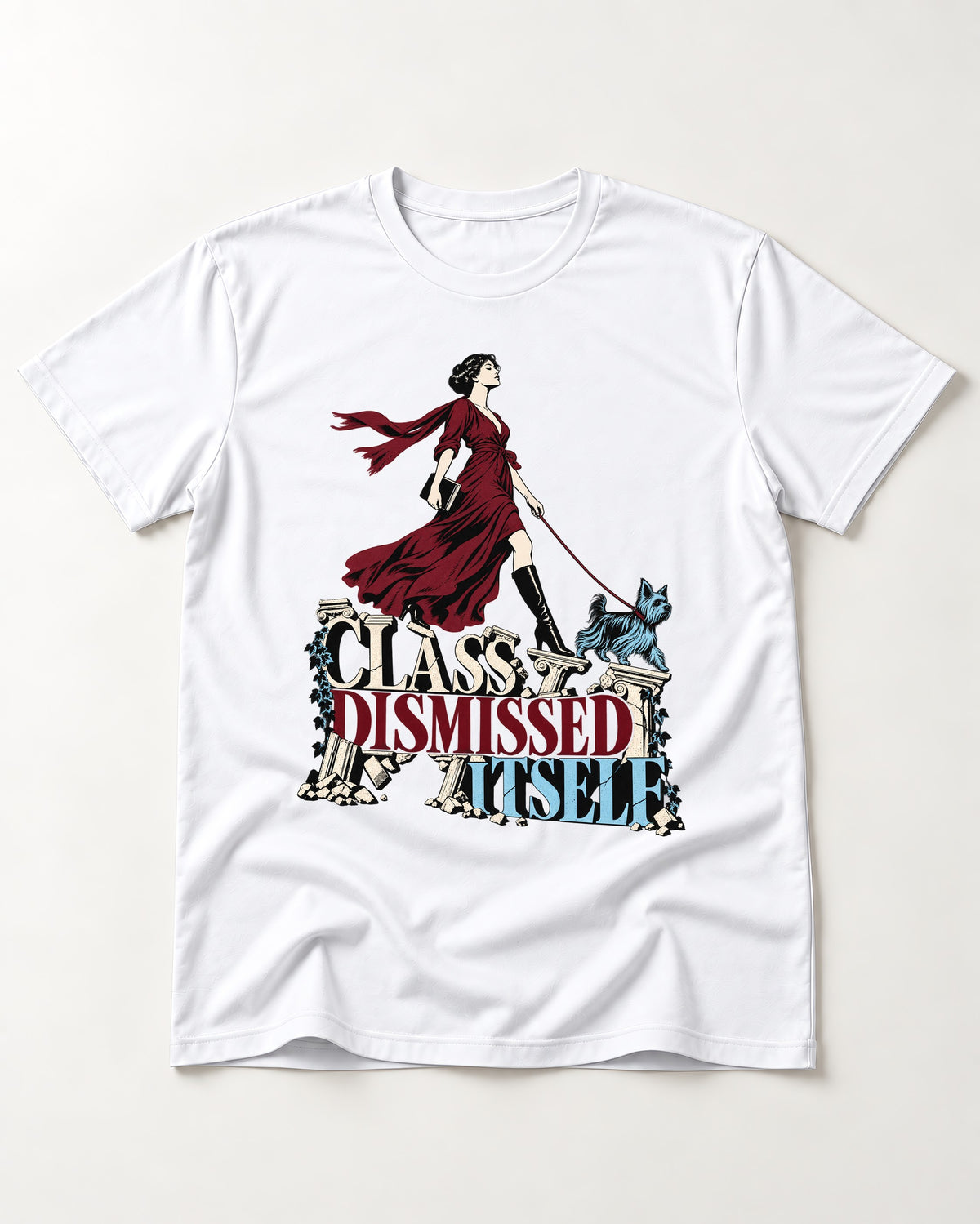Class Dismissed Itself Yorkshire Terrier T-Shirt in White, flat lay product photo