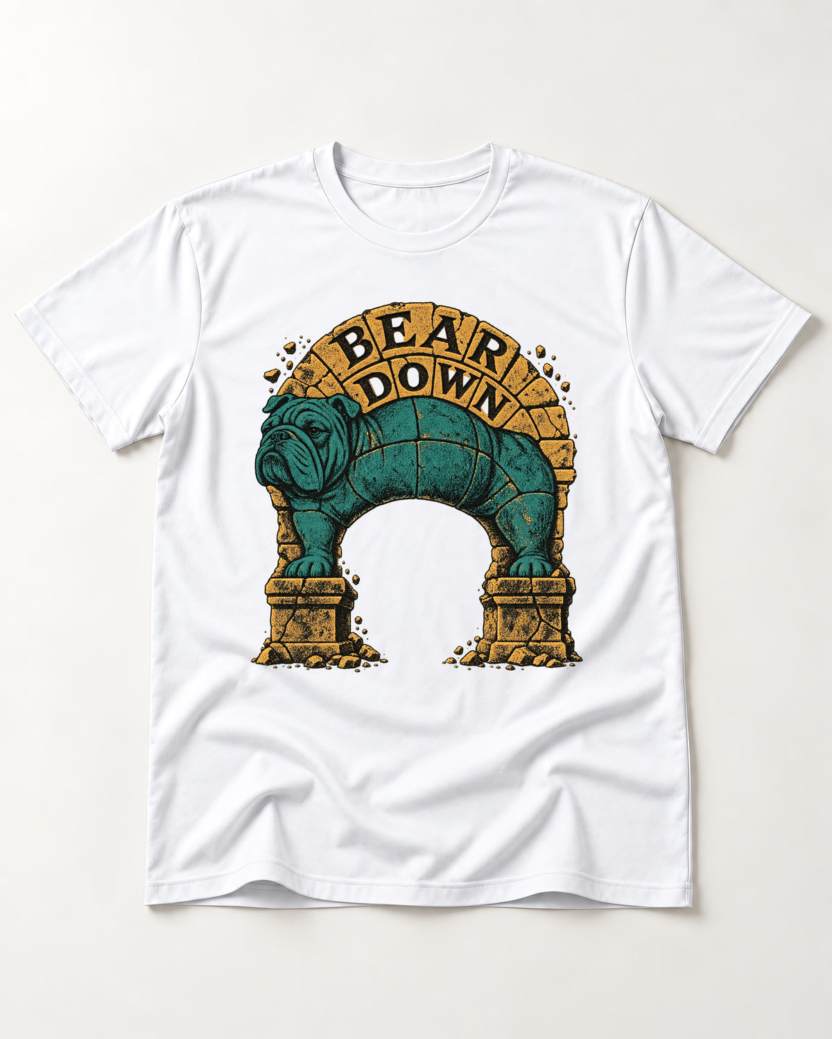 English Bulldog Bear Down Stone Arch Graphic T-Shirt in White, flat lay product photo