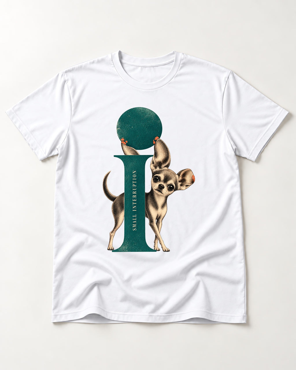 Chihuahua Small Interruption Geometric Portrait T-Shirt in White, flat lay product photo