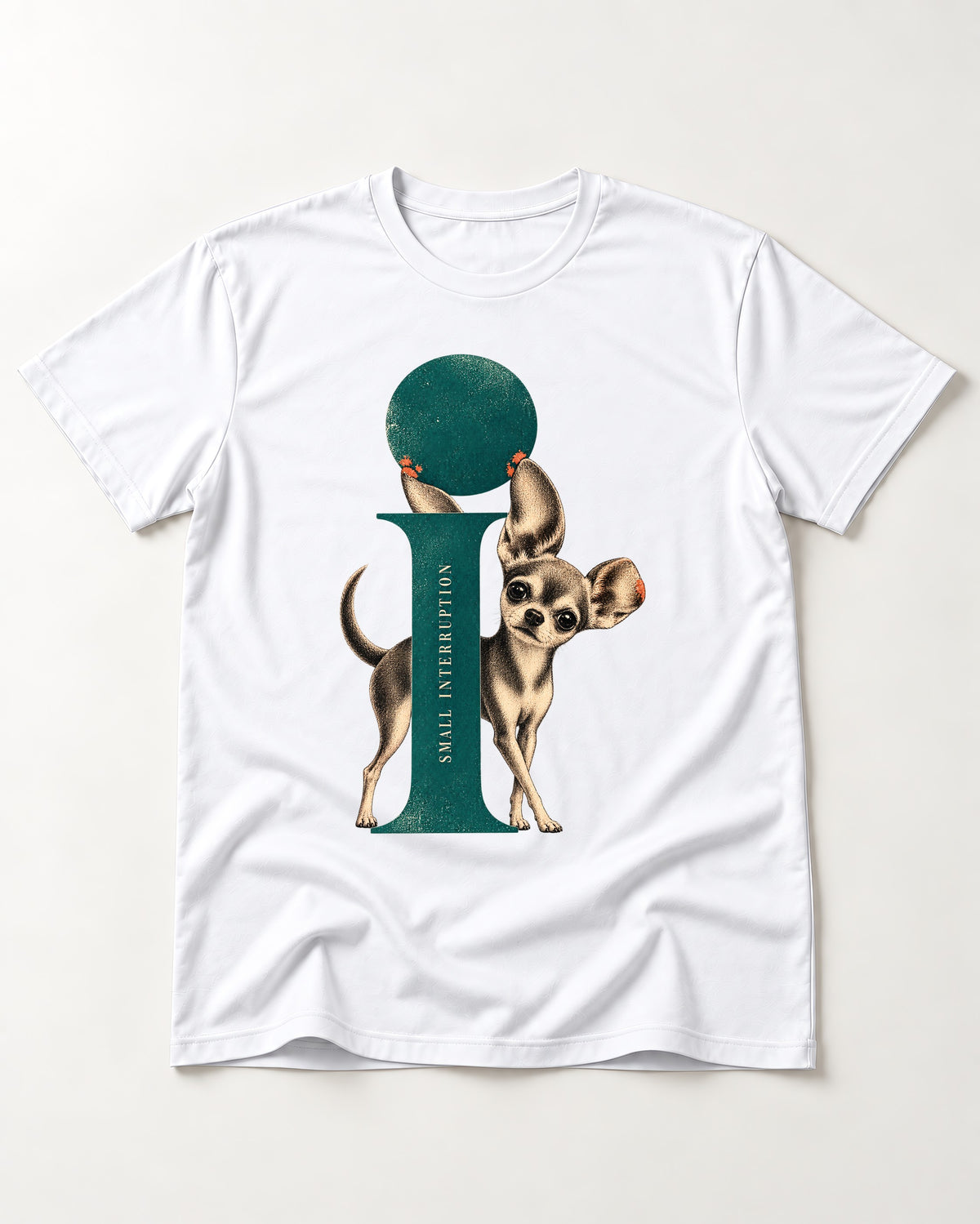 Chihuahua Small Interruption Geometric Portrait T-Shirt in White, flat lay product photo