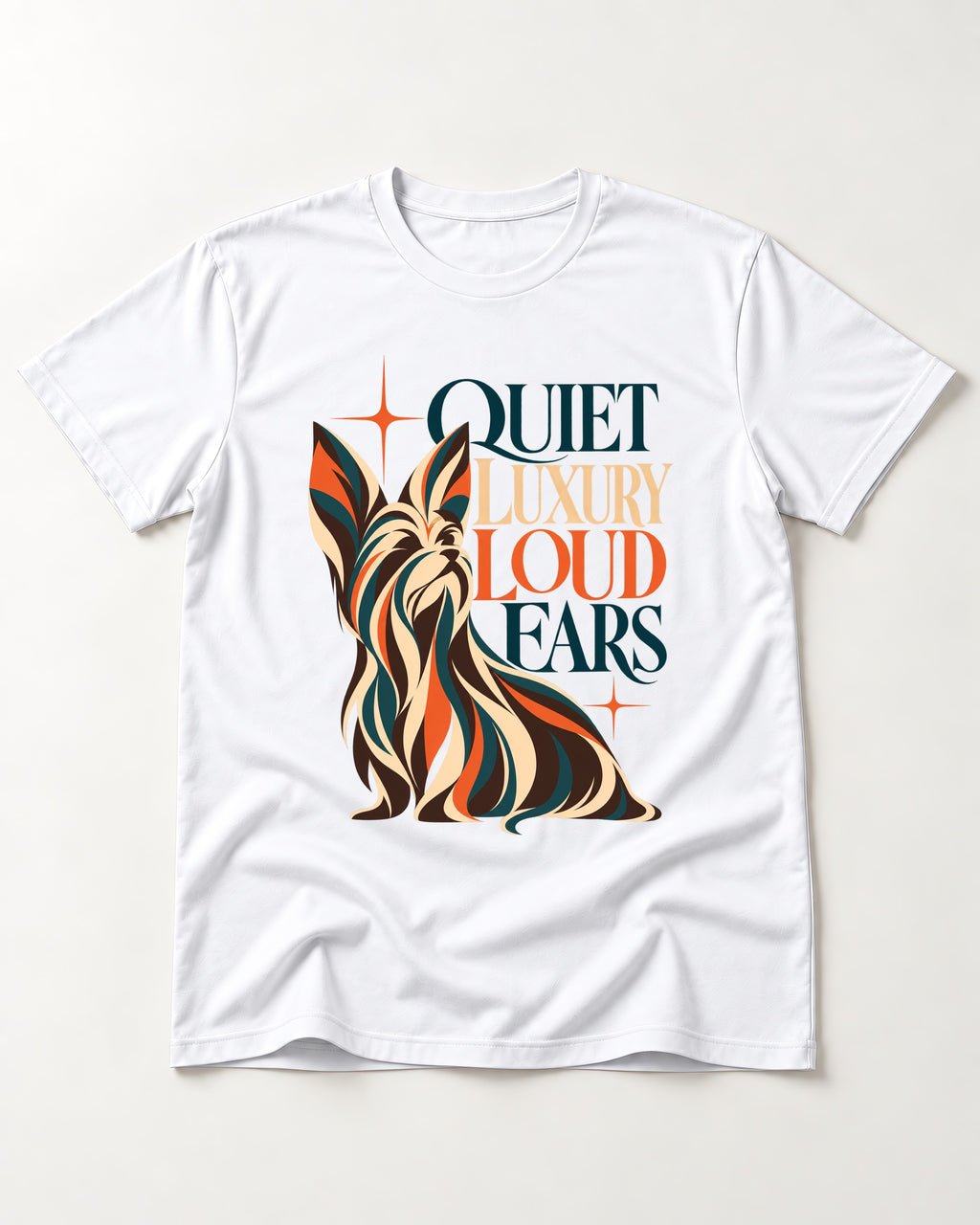 Quiet Luxury Loud Ears Yorkshire Terrier T-Shirt in White, flat lay product photo