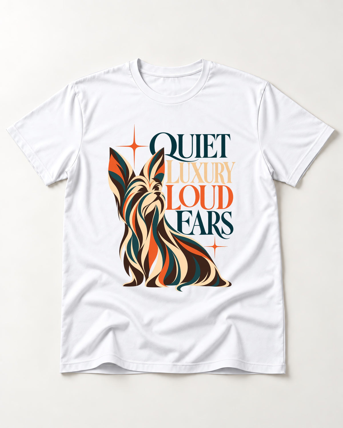 Quiet Luxury Loud Ears Yorkshire Terrier T-Shirt in White, flat lay product photo