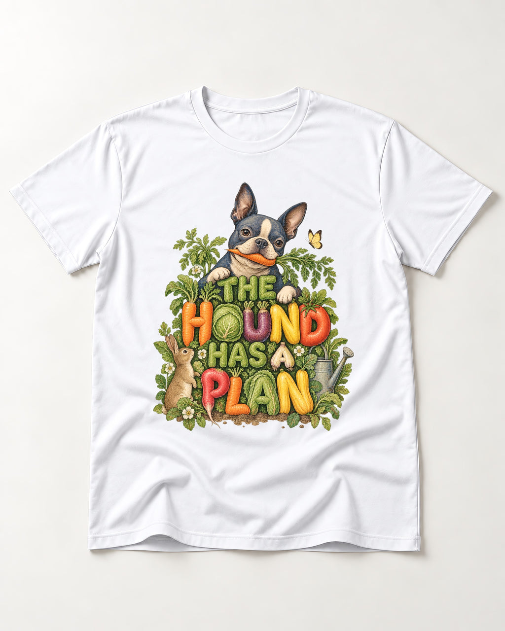 The Hound Has a Plan Boston Terrier T-Shirt in White, flat lay product photo