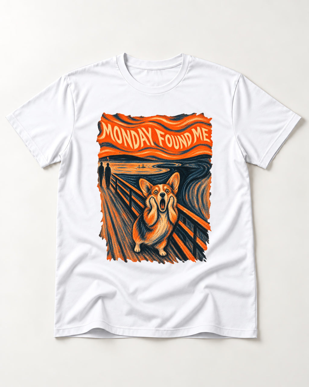 Corgi Monday Found Me Scream Banner T-Shirt in White, flat lay product photo