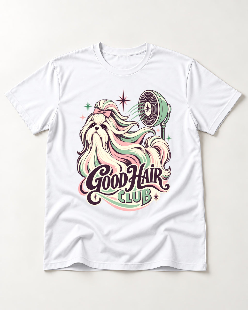 Shih Tzu Good Hair Club Salon Fan Graphic T-Shirt in White, flat lay product photo