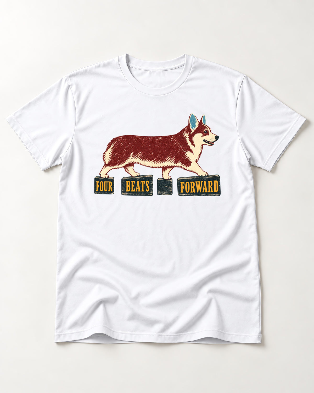 Corgi Four Beats Forward T-Shirt in White, flat lay product photo