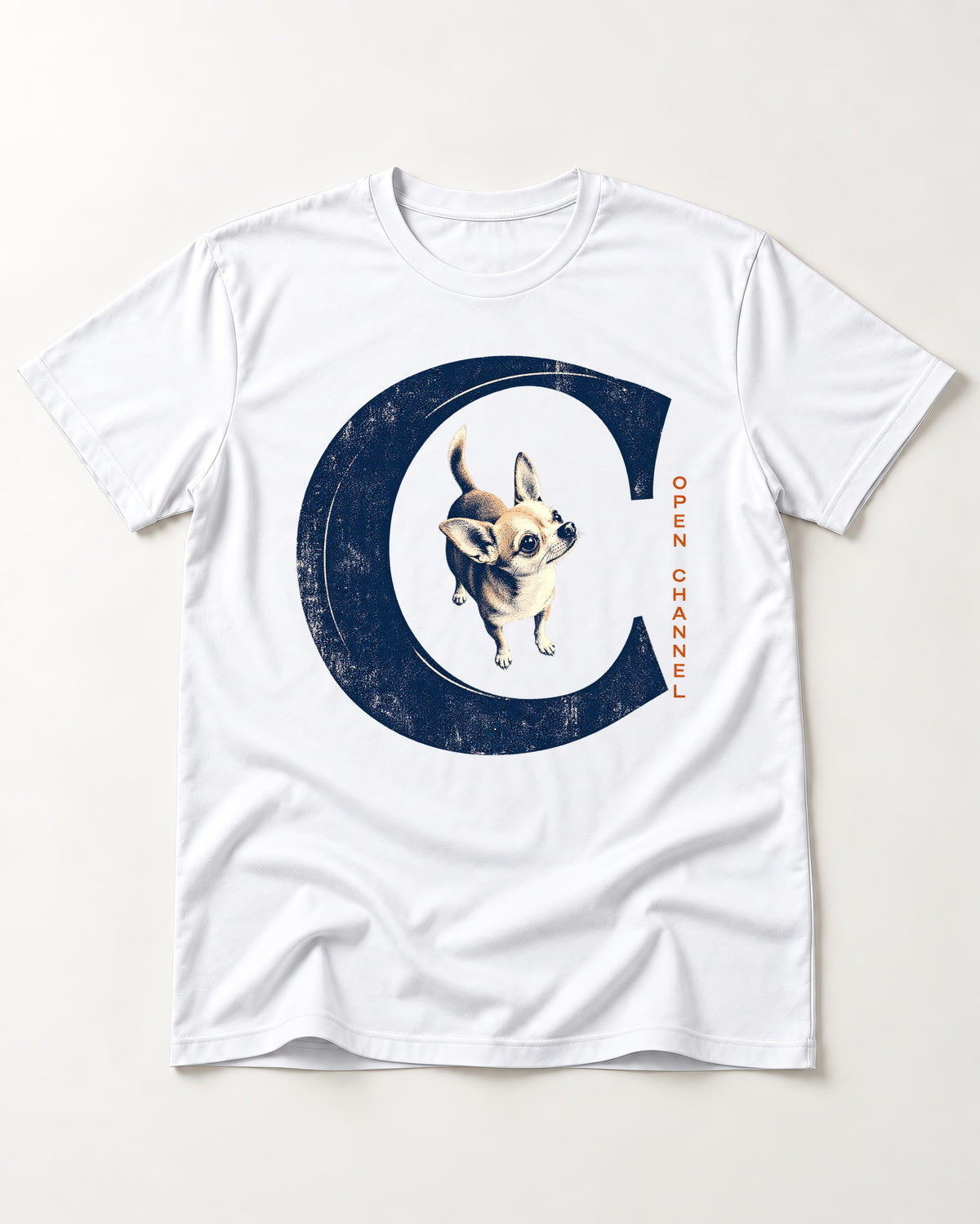 Chihuahua Open Channel T-Shirt in White, flat lay product photo