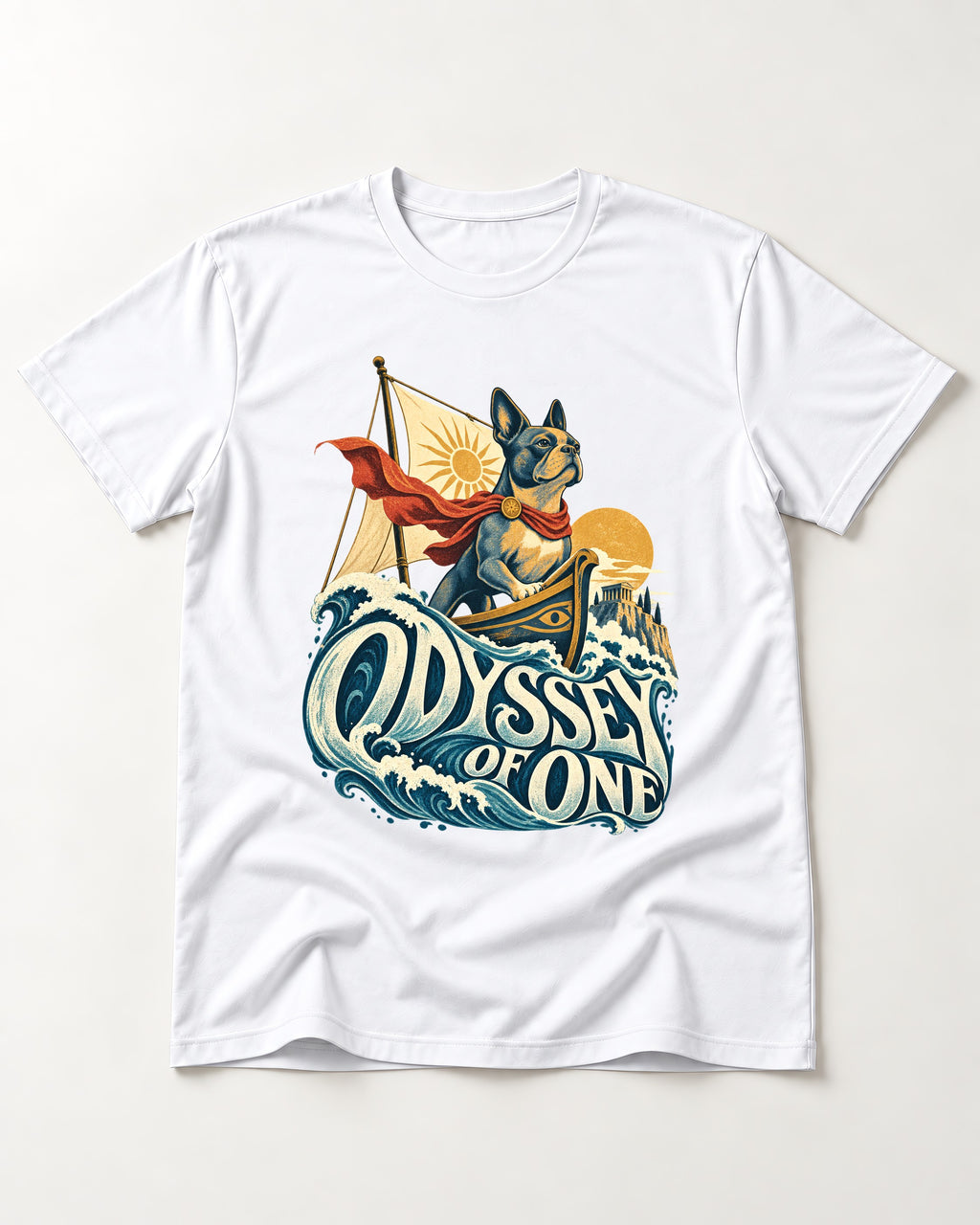 Boston Terrier Odyssey of One T-Shirt in White, flat lay product photo