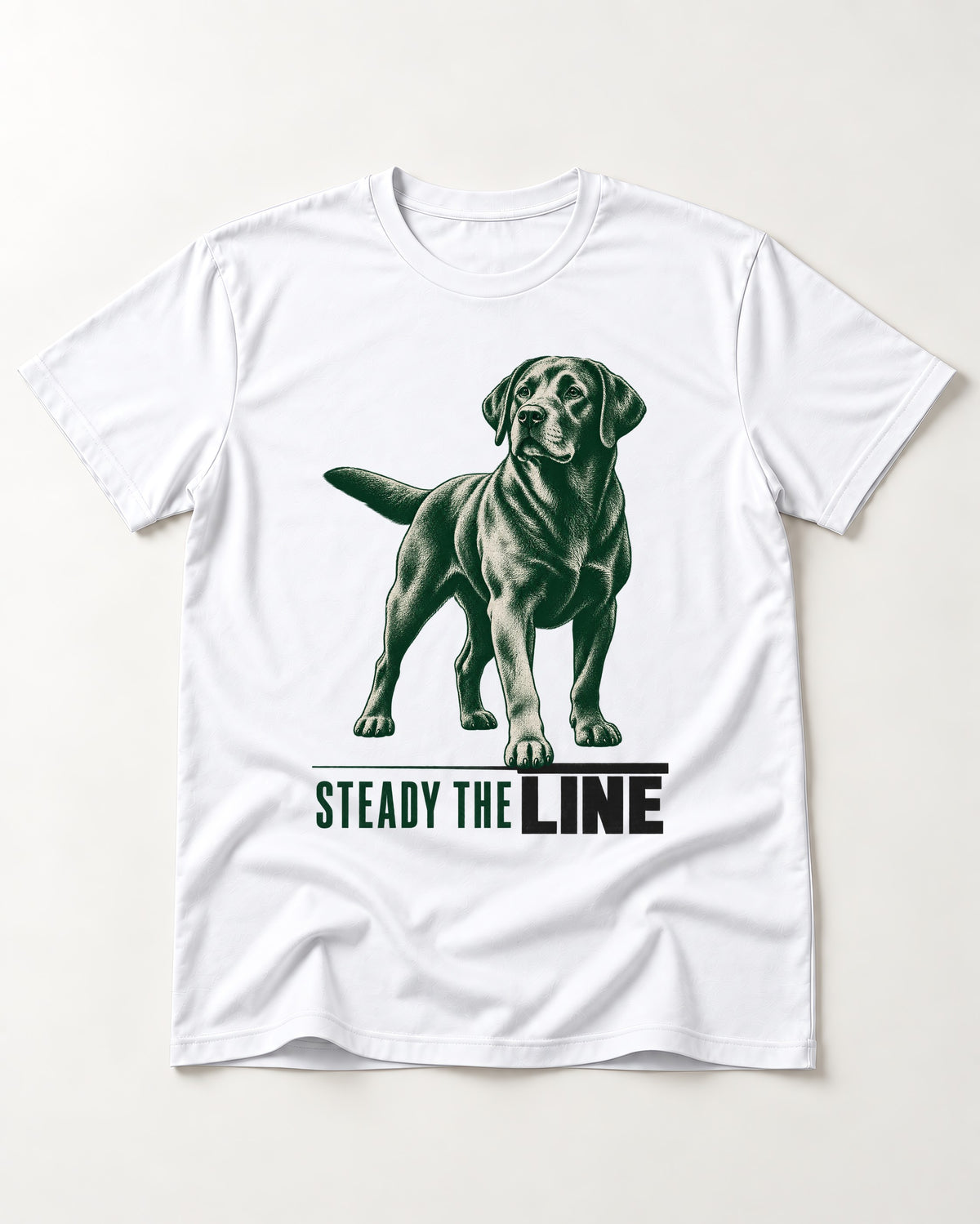 Steady the Line Labrador Retriever T-Shirt in White, flat lay product photo