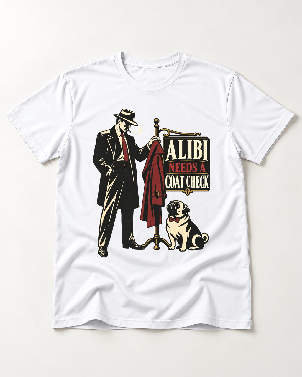 Pug Alibi Needs Coat Check T-Shirt in White, flat lay product photo