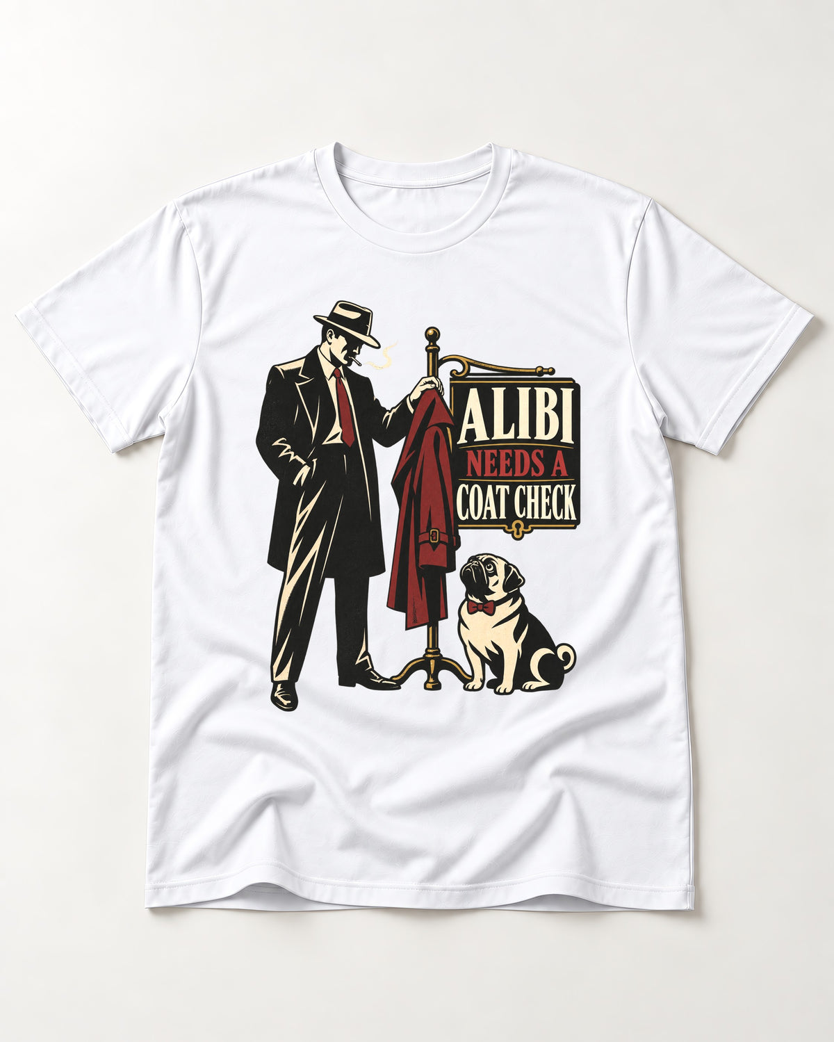 Pug Alibi Needs Coat Check T-Shirt in White, flat lay product photo