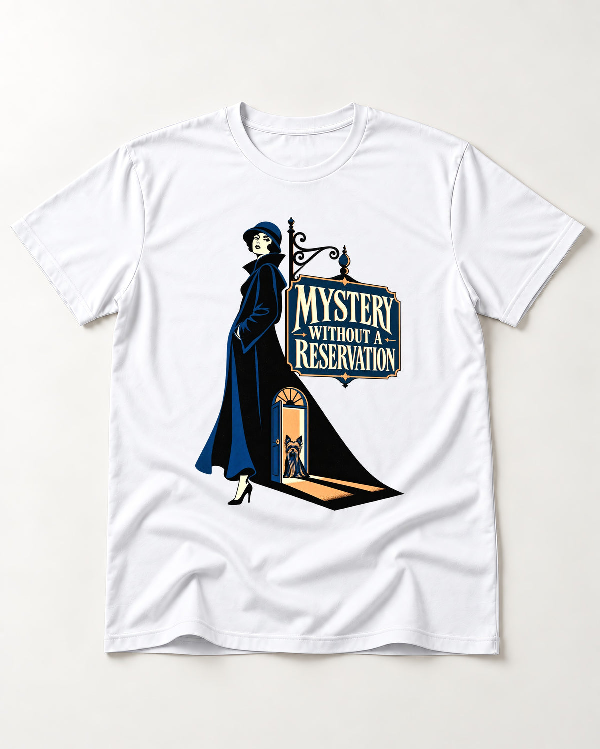 Mystery Without a Reservation Yorkshire Terrier T-Shirt in White, flat lay product photo