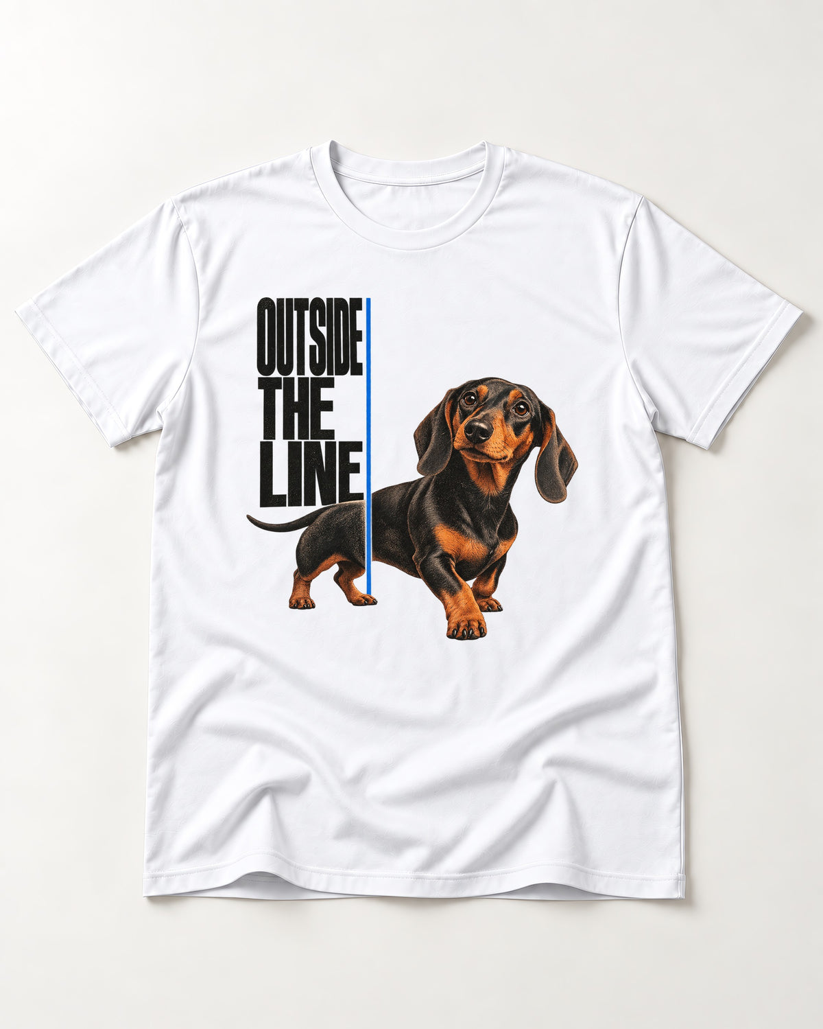 Dachshund Outside the Line T-Shirt in White, flat lay product photo