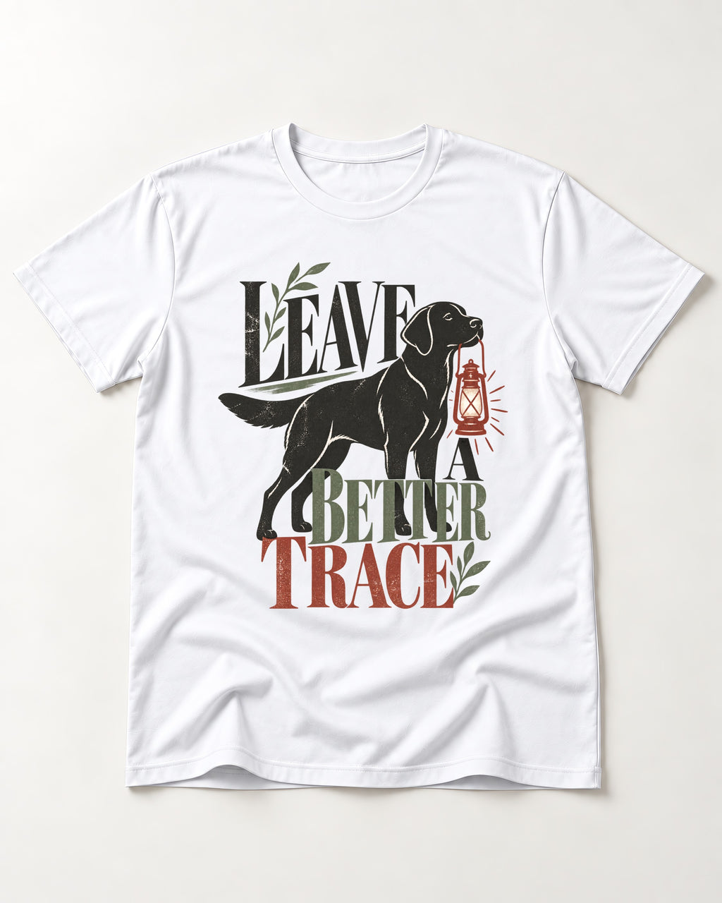 Leave a Better Trace Labrador Retriever T-Shirt in White, flat lay product photo