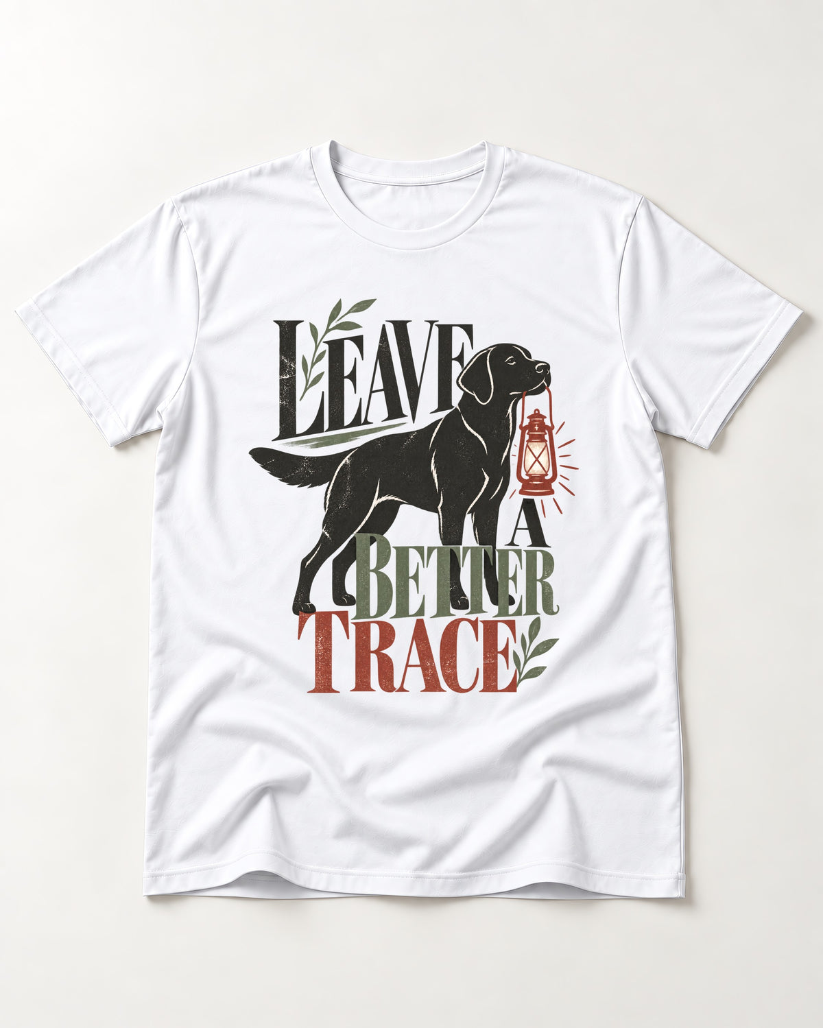 Leave a Better Trace Labrador Retriever T-Shirt in White, flat lay product photo