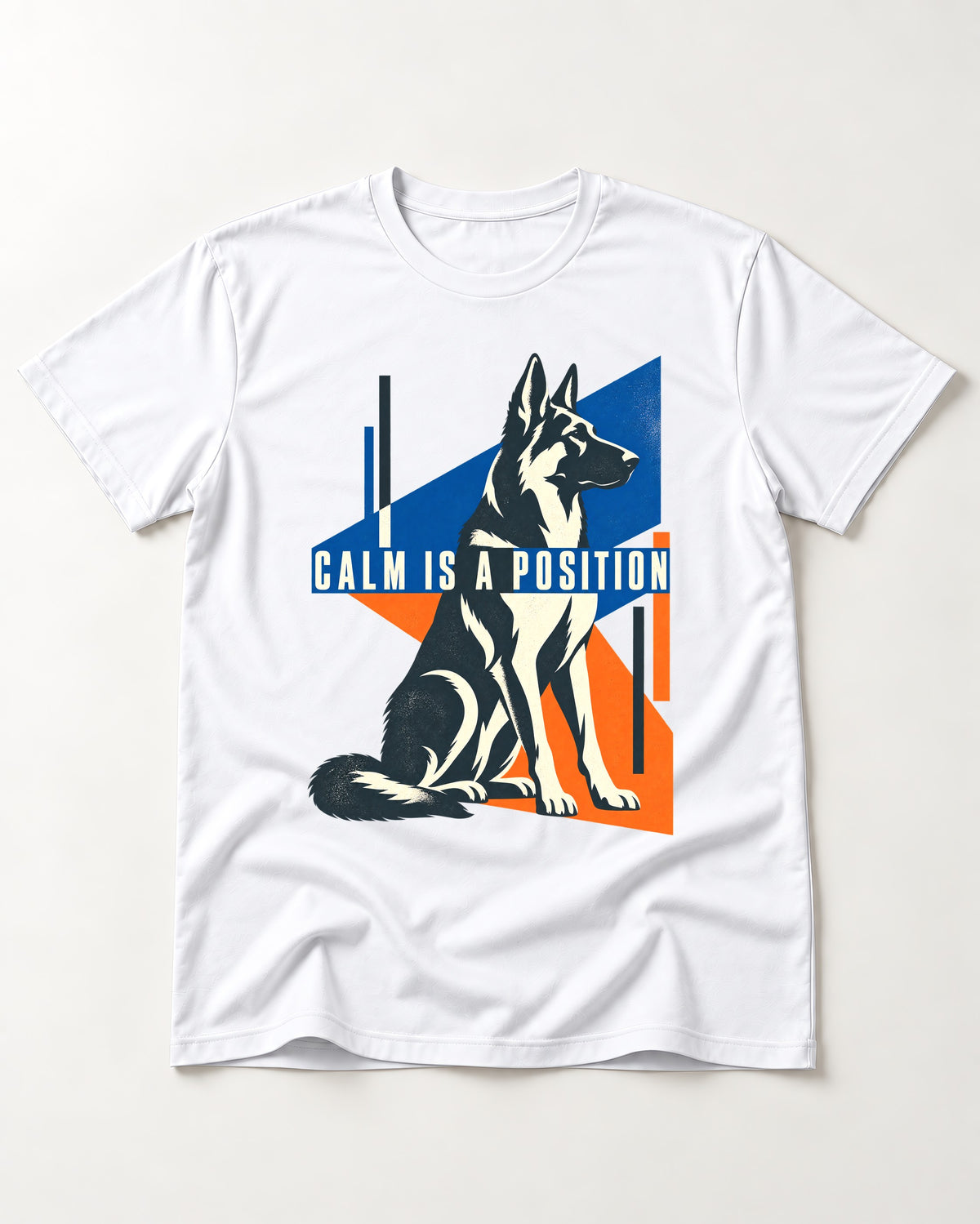 Calm Is A Position Geometric German Shepherd Dog Graphic T-Shirt in White, flat lay product photo