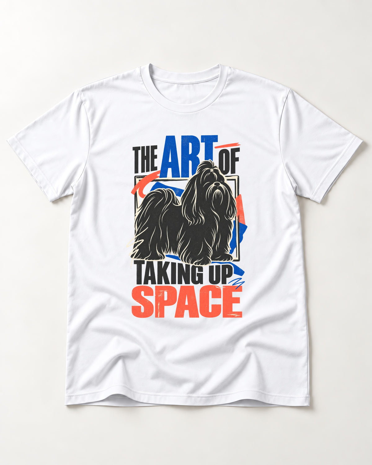 Shih Tzu Taking Up Space T-Shirt in White, flat lay product photo