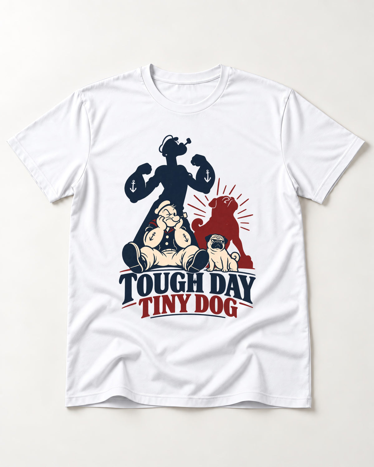 Tough Day Tiny Pug T-Shirt in White, flat lay product photo