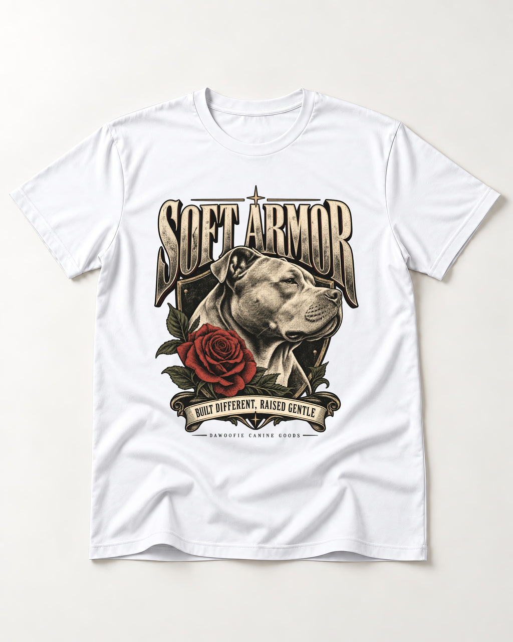 Pitbull Soft Armor T-Shirt in White, flat lay product photo