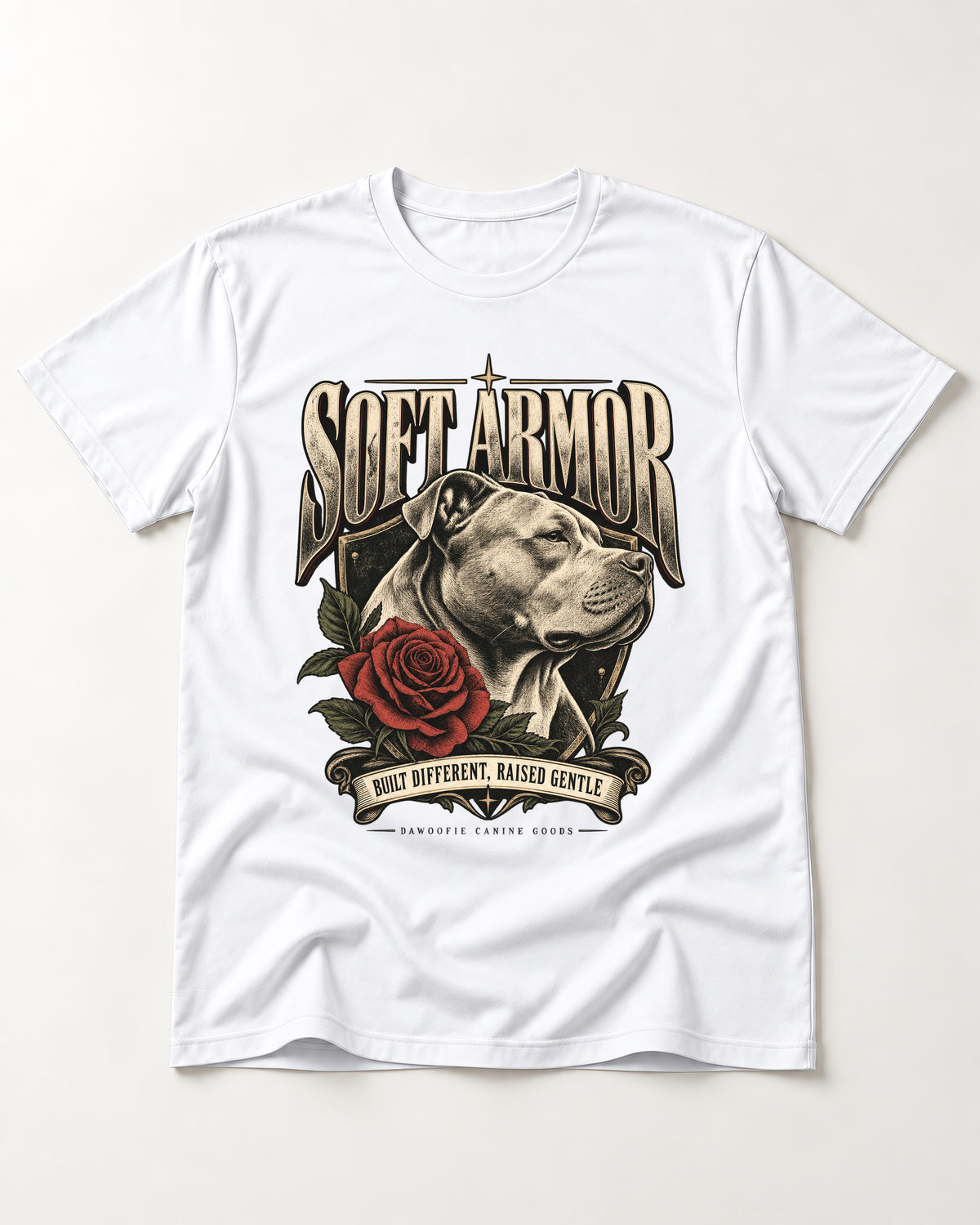 Pitbull Soft Armor T-Shirt in White, flat lay product photo