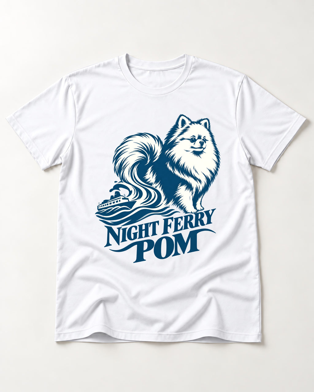 Night Ferry Pomeranian T-Shirt in White, flat lay product photo