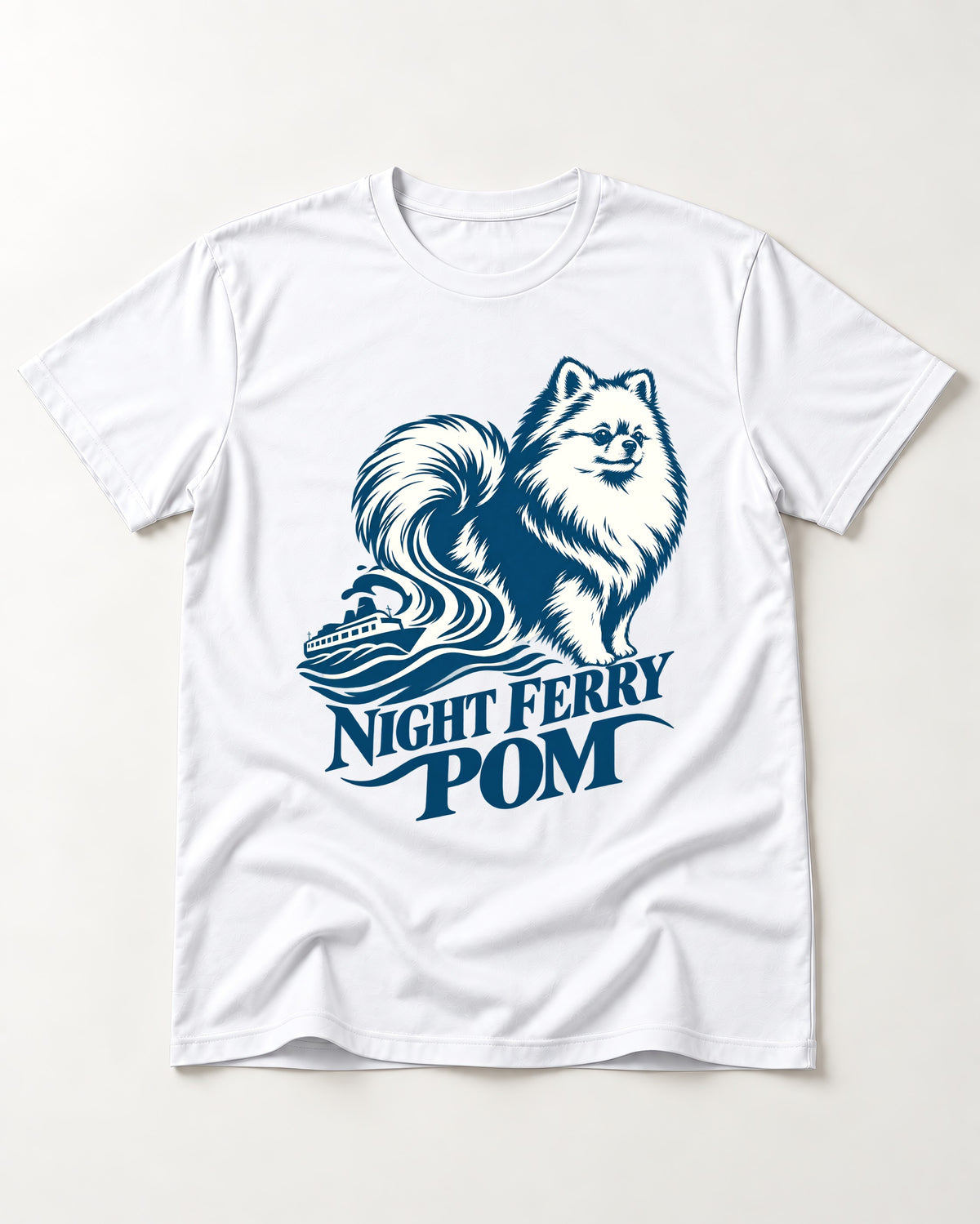Night Ferry Pomeranian T-Shirt in White, flat lay product photo
