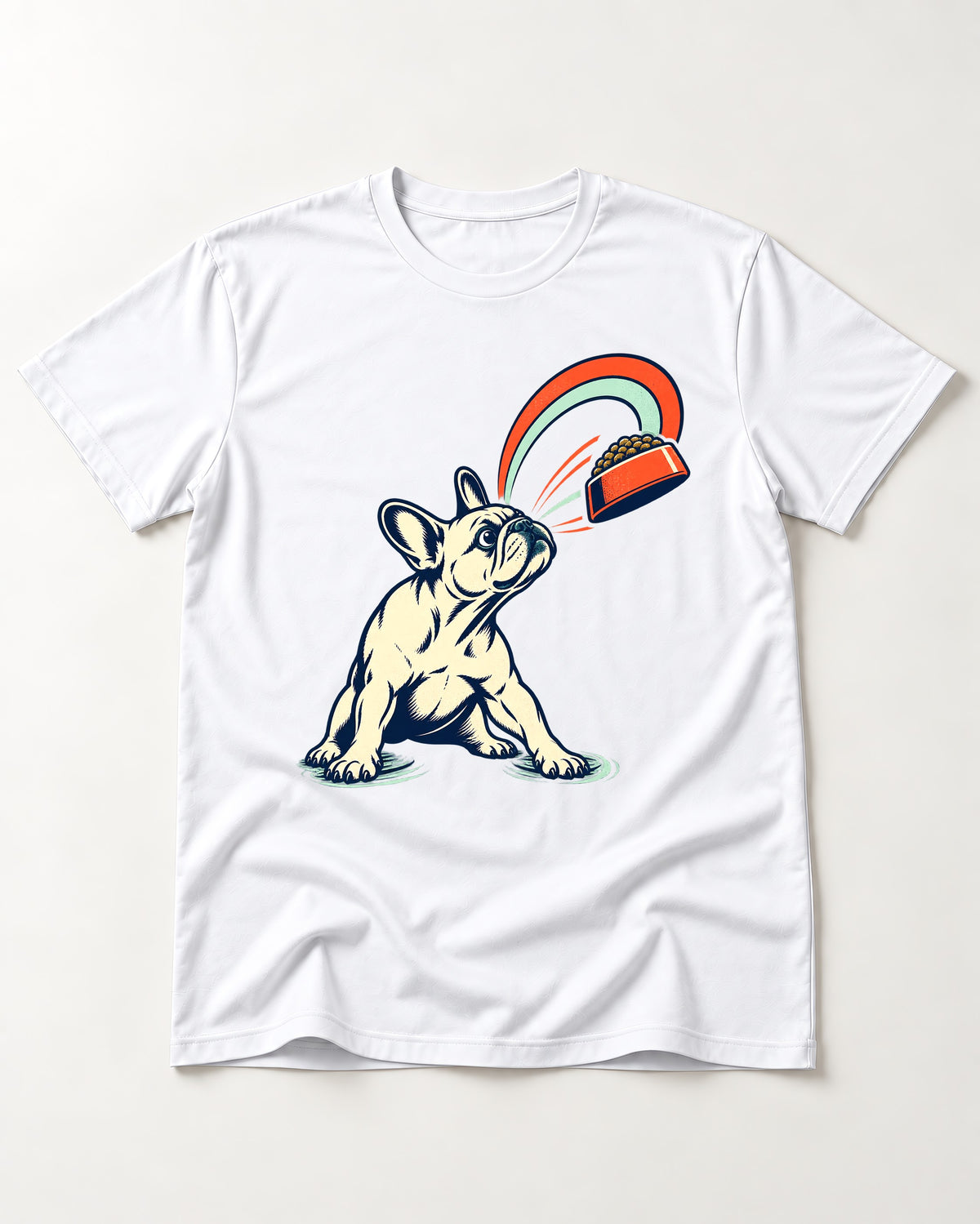 Frenchie Dinner Magnet Graphic T-Shirt in White, flat lay product photo