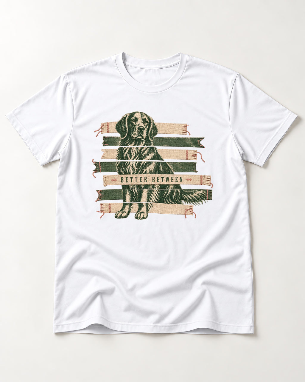 Golden Retriever Better Between T-Shirt in White, flat lay product photo