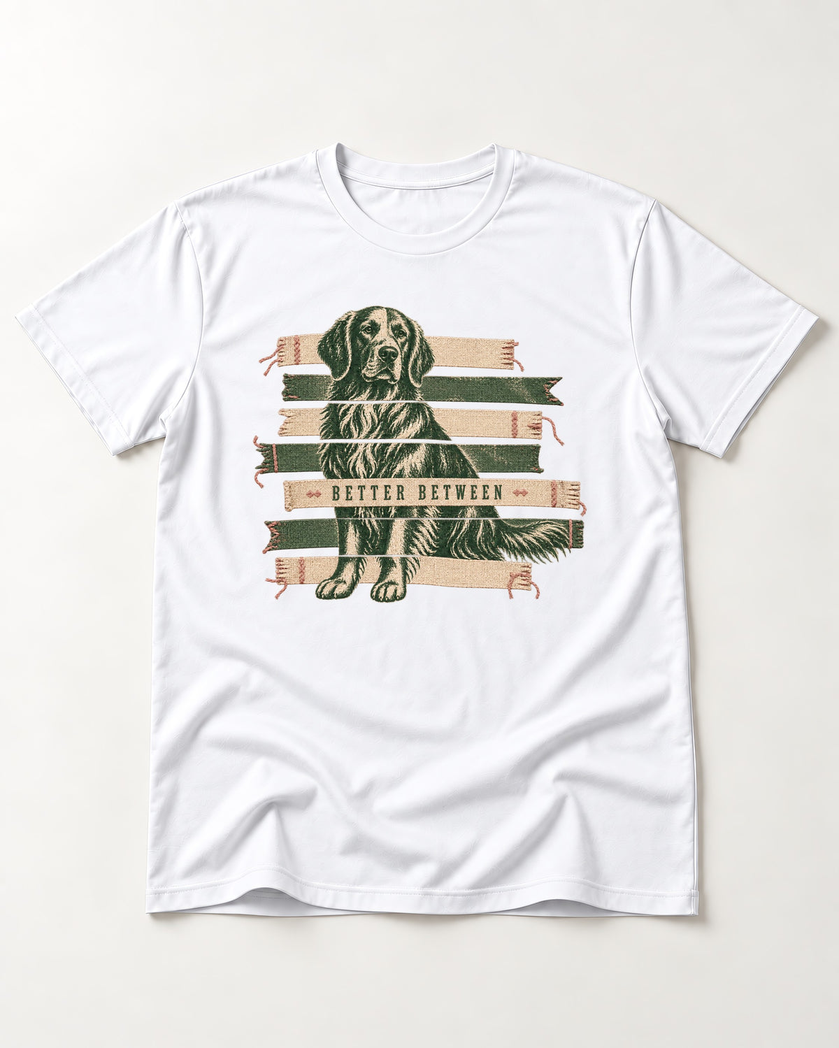 Golden Retriever Better Between T-Shirt in White, flat lay product photo