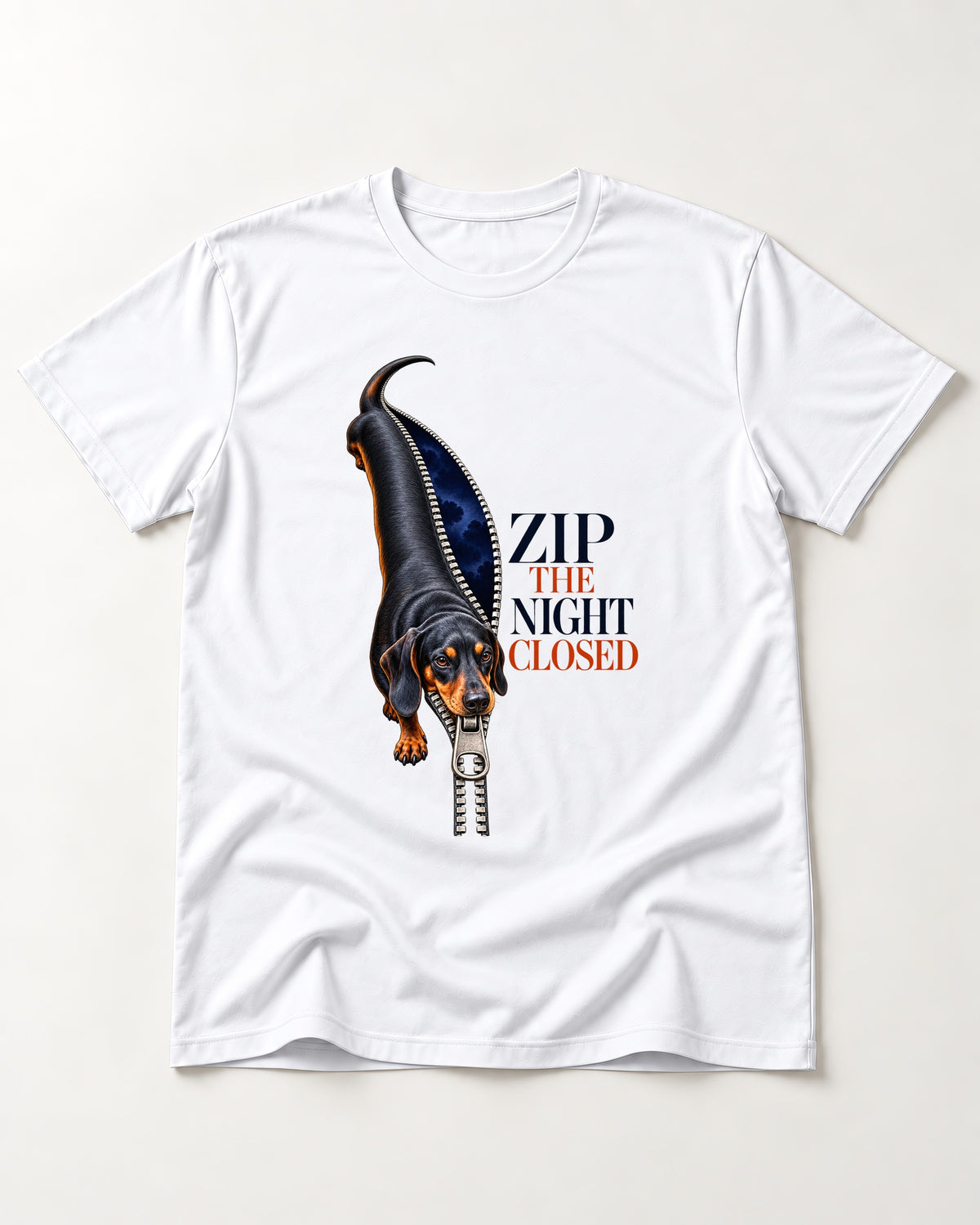 Zip the Night Closed Dachshund T-Shirt in White, flat lay product photo