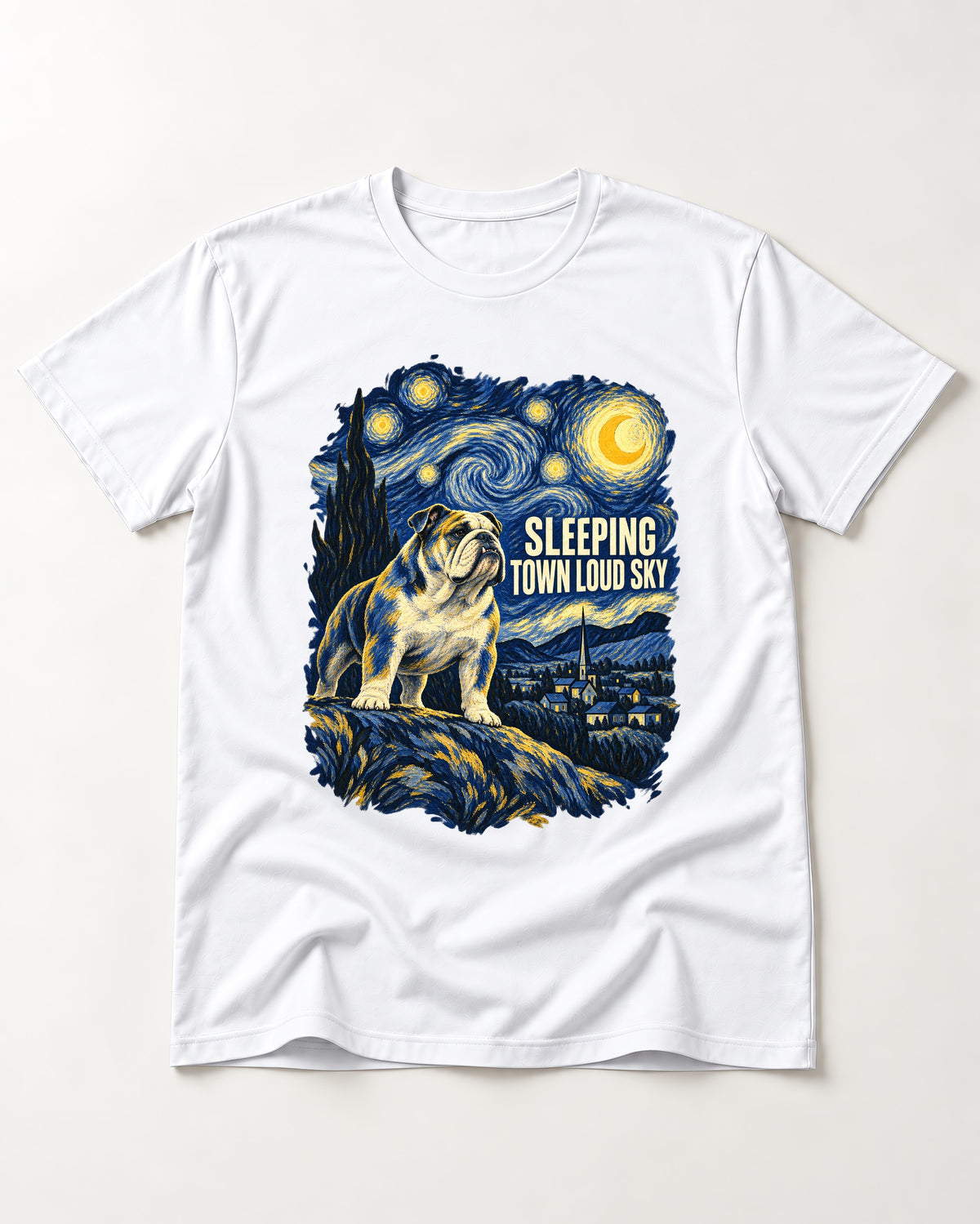 English Bulldog Sleeping Town Loud Sky Starry Night Graphic T-Shirt in White, flat lay product photo