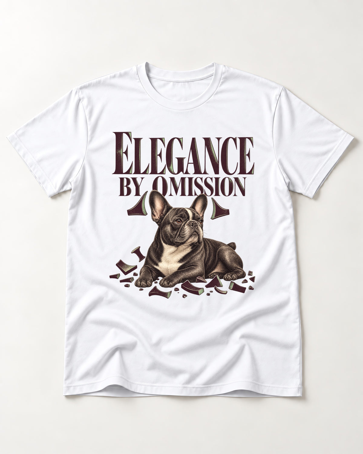 Frenchie Elegance by Omission T-Shirt in White, flat lay product photo