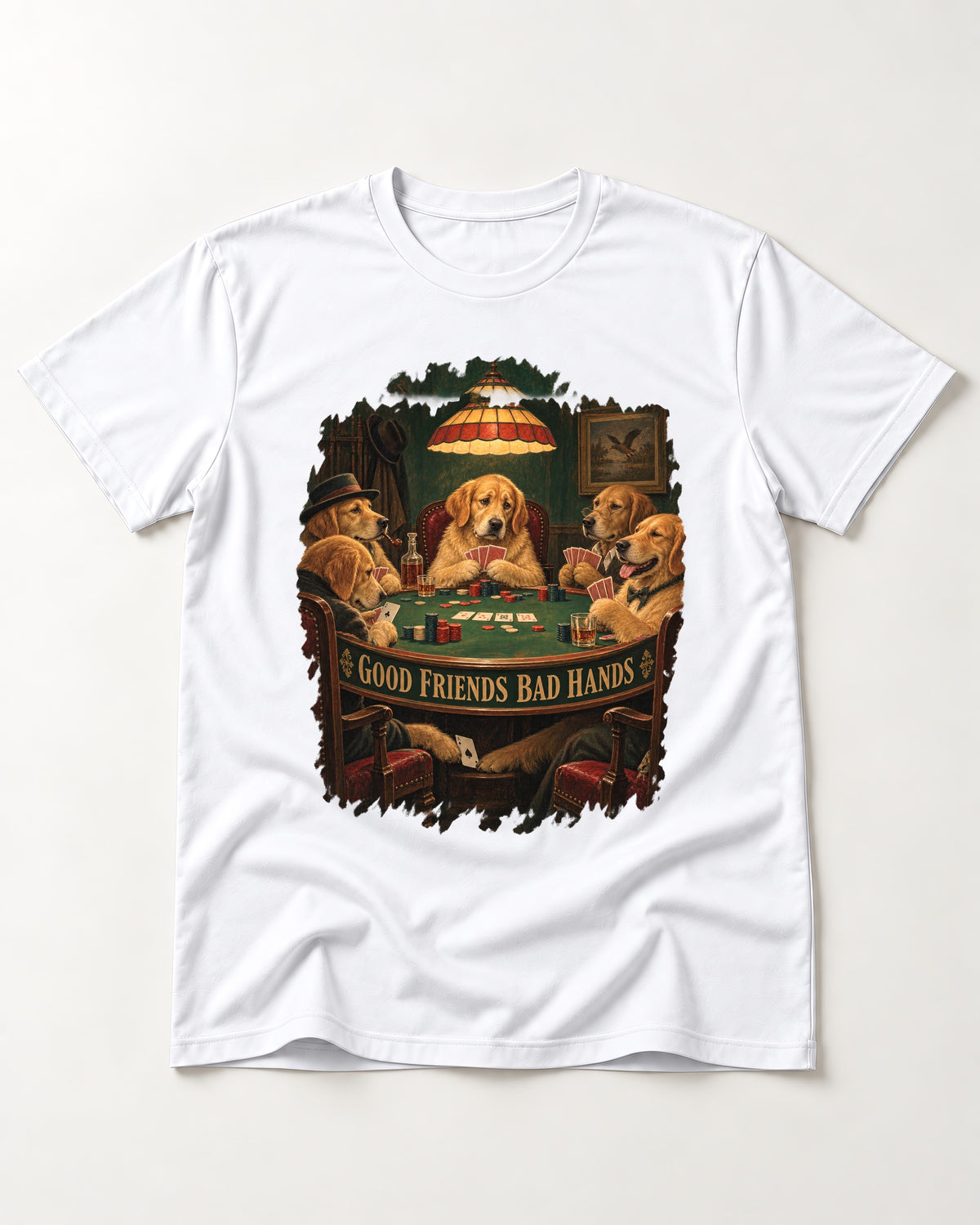 Good Friends Bad Hands Poker Golden Retriever Graphic T-Shirt in White, flat lay product photo
