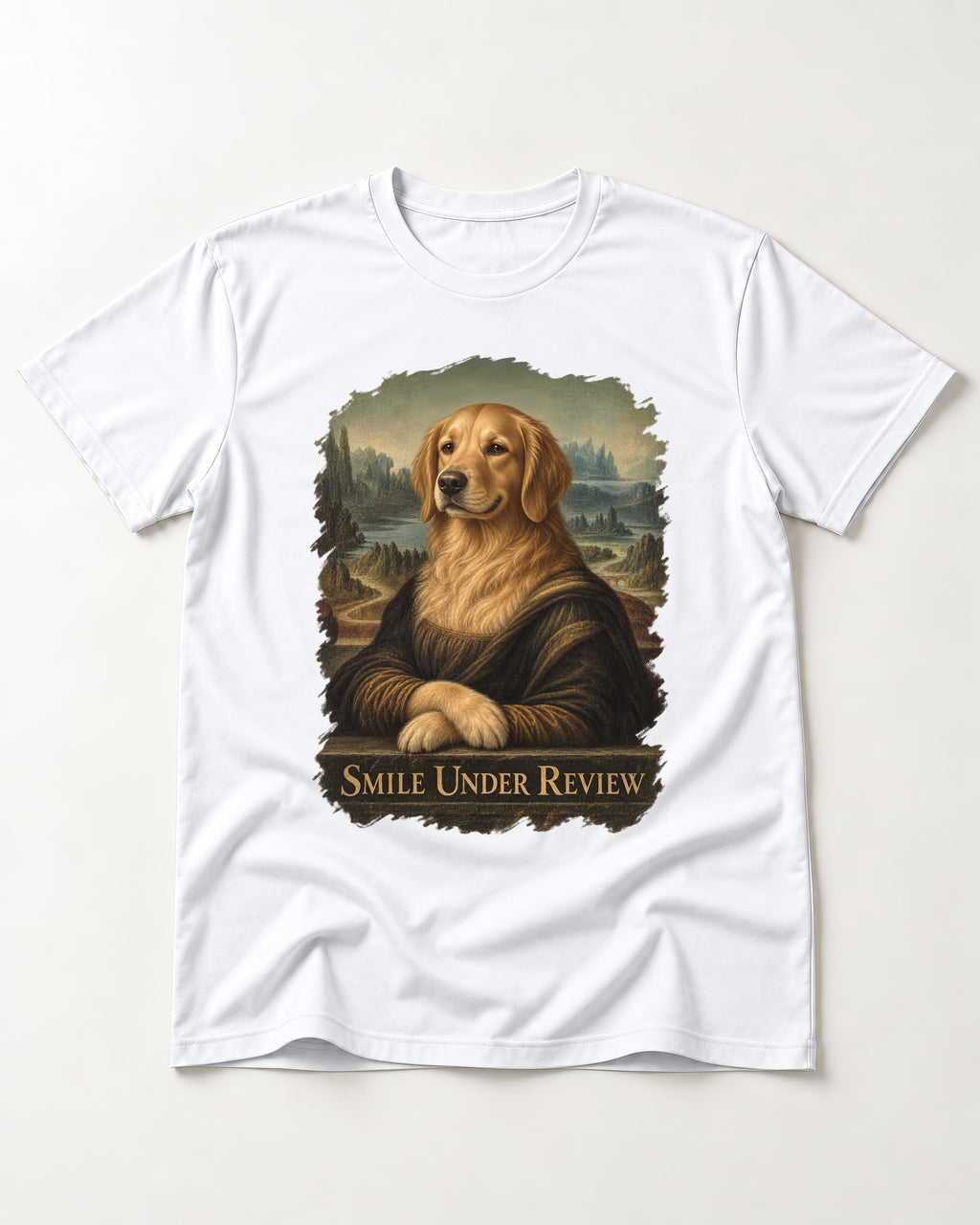 Smile Under Review Renaissance Portrait Golden Retriever Graphic T-Shirt in White, flat lay product photo