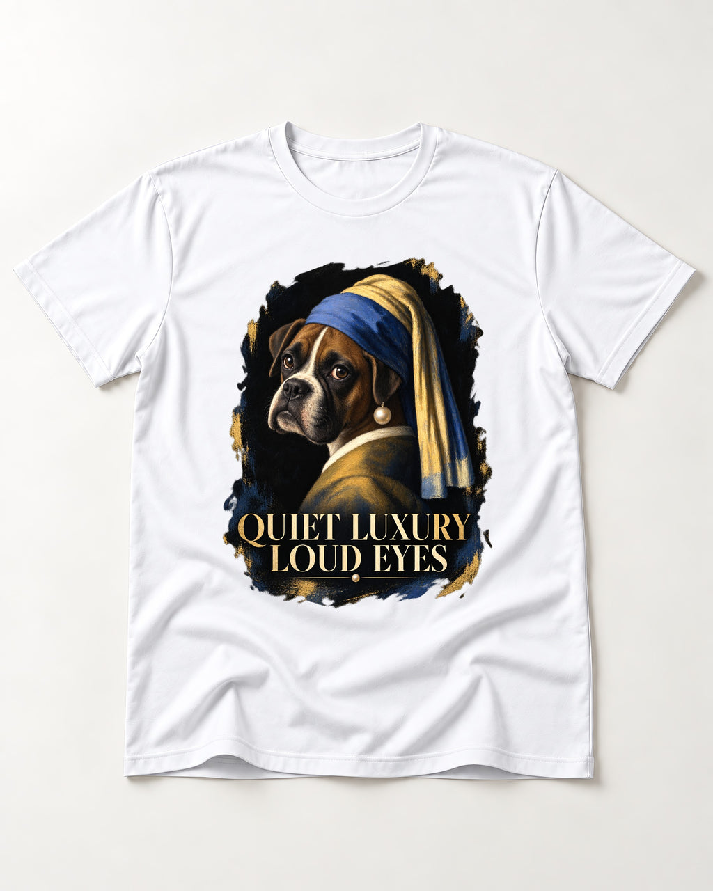 Quiet Luxury Loud Eyes Boxer Pearl Portrait T-Shirt in White, flat lay product photo