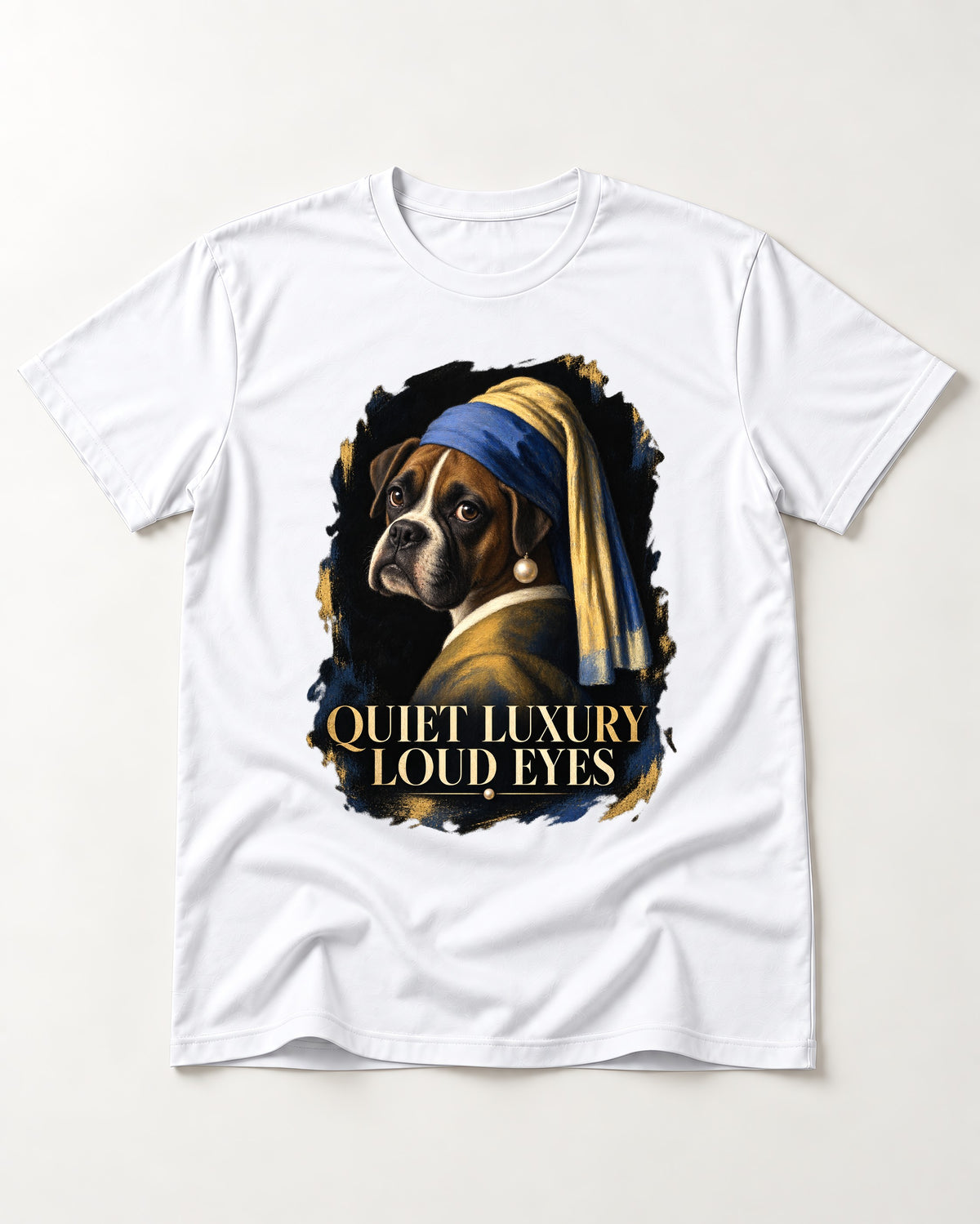 Quiet Luxury Loud Eyes Boxer Pearl Portrait T-Shirt in White, flat lay product photo