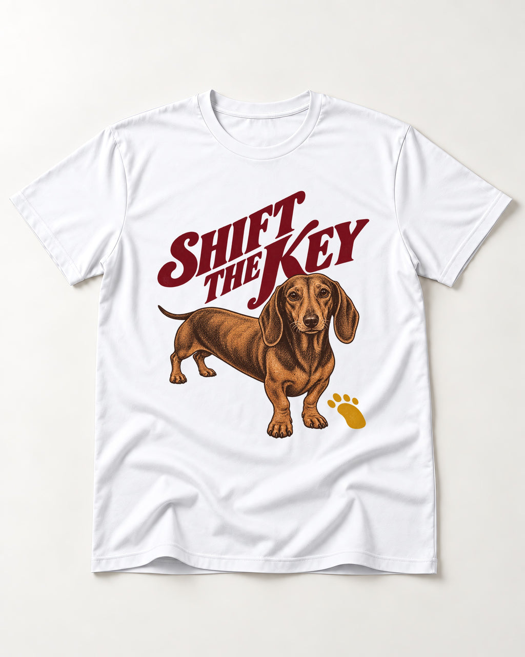 Dachshund Shift The Key Pawprint Graphic T-Shirt in White, flat lay product photo