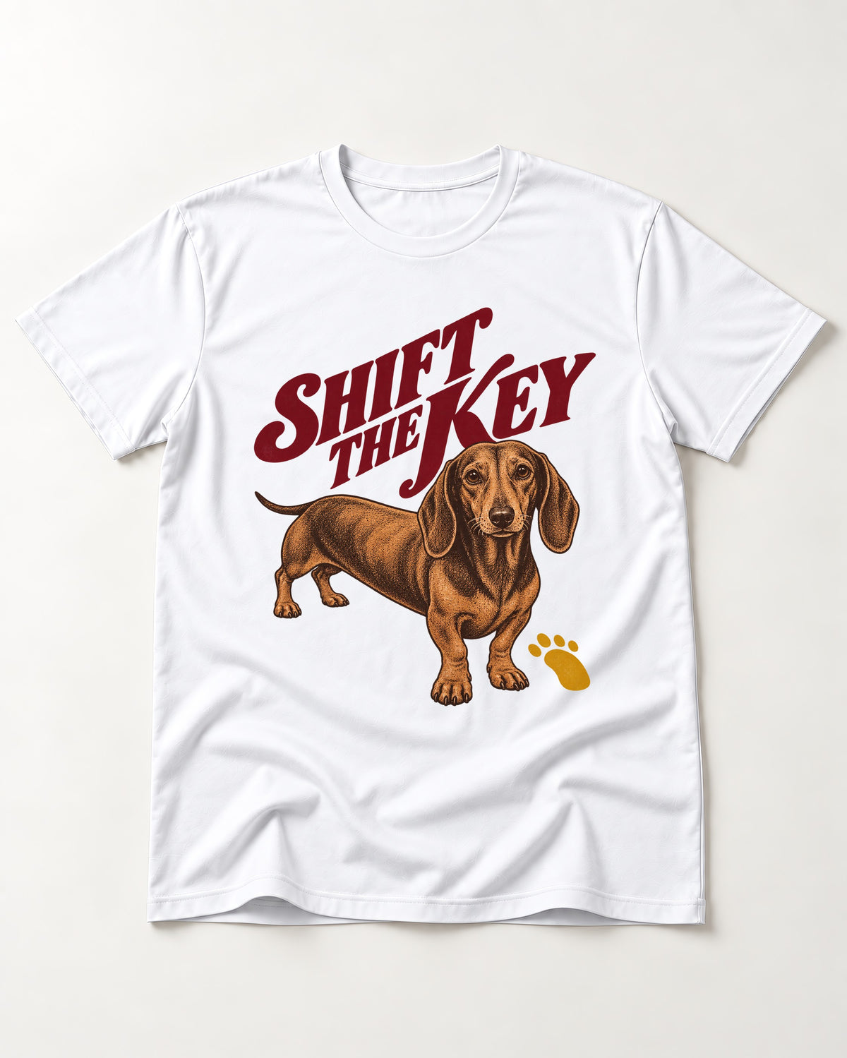 Dachshund Shift The Key Pawprint Graphic T-Shirt in White, flat lay product photo