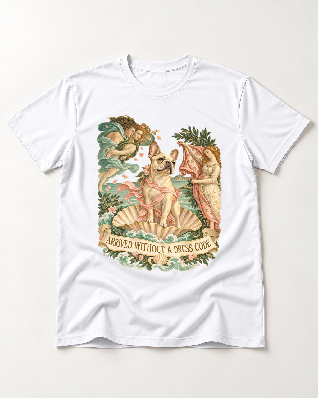 Frenchie Without a Dress Code T-Shirt in White, flat lay product photo