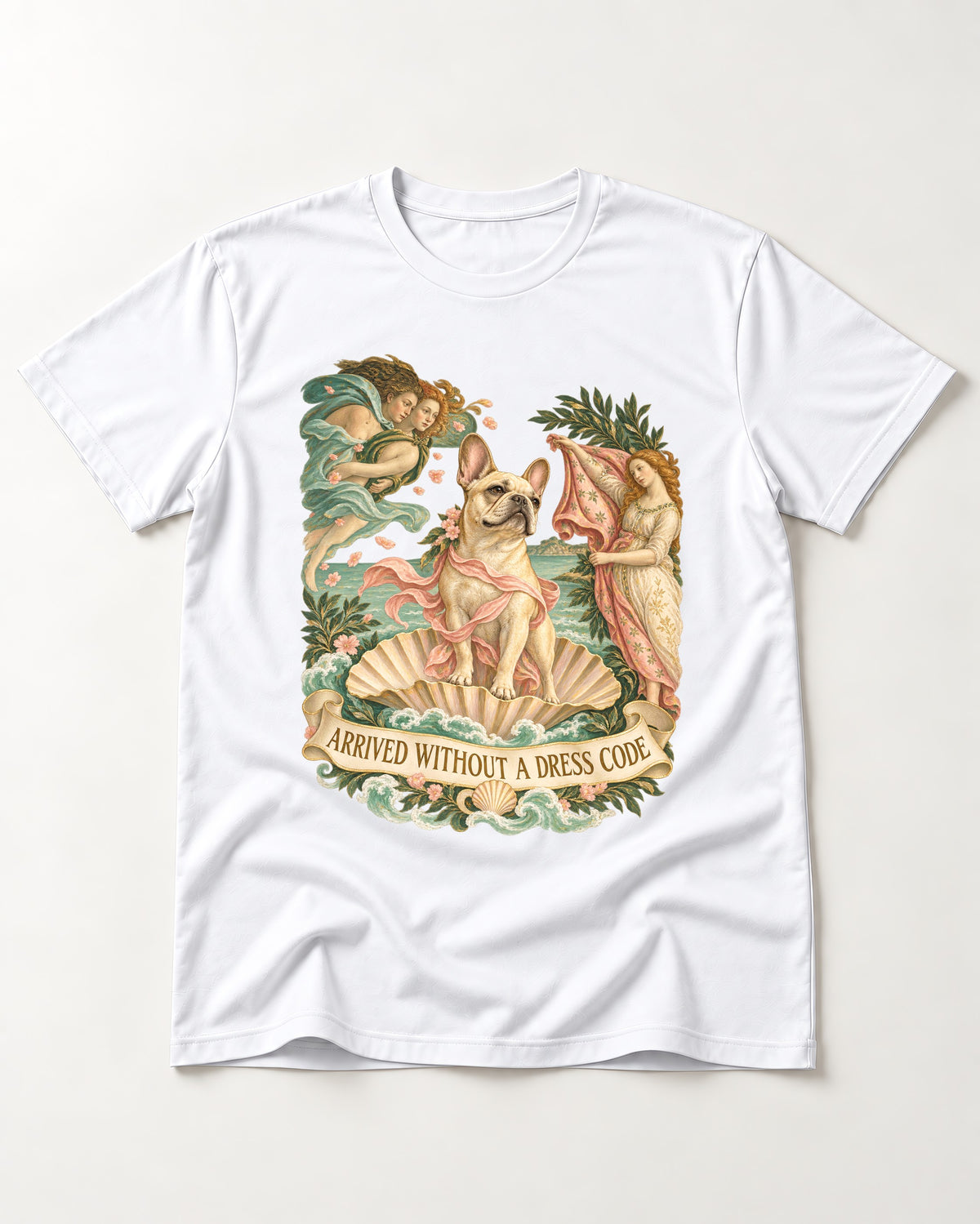 Frenchie Without a Dress Code T-Shirt in White, flat lay product photo