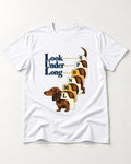 Look Under Long Dachshund T-Shirt in White, flat lay product photo