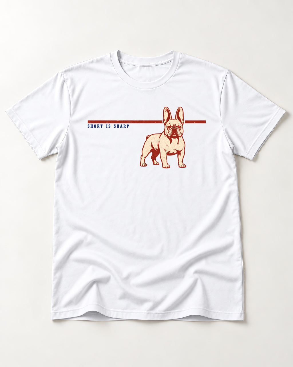 Short Is Sharp Frenchie T-Shirt in White, flat lay product photo
