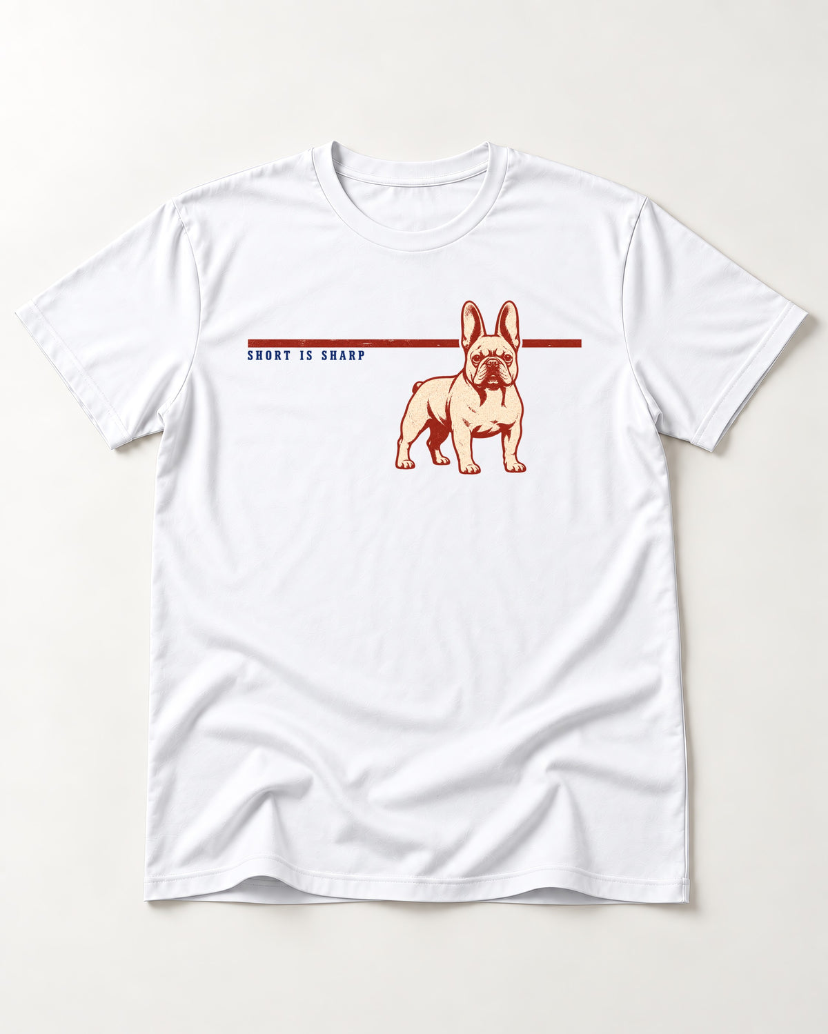 Short Is Sharp Frenchie T-Shirt in White, flat lay product photo