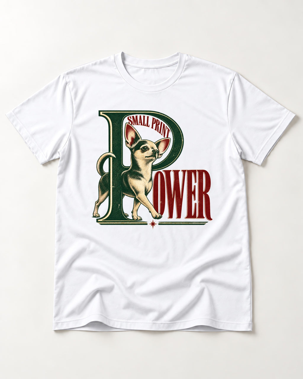 Chihuahua Small Print Power Monogram Graphic T-Shirt in White, flat lay product photo