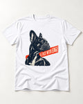 Frenchie Face with Edge T-Shirt in White, flat lay product photo