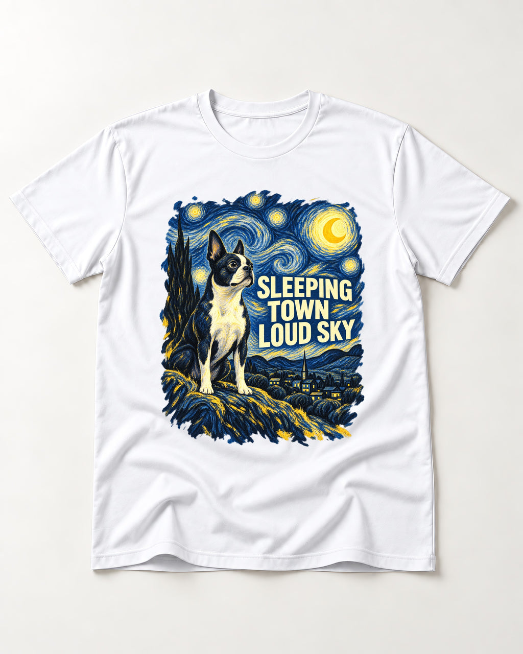 Sleeping Town Loud Sky Boston Terrier Starry Night T-Shirt in White, flat lay product photo