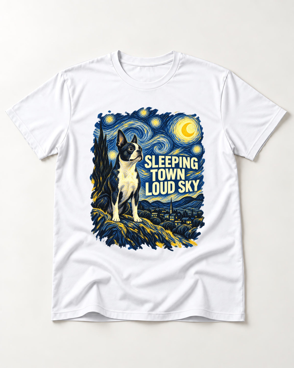 Sleeping Town Loud Sky Boston Terrier Starry Night T-Shirt in White, flat lay product photo
