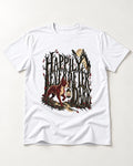 Happily Ever After Dark Boston Terrier T-Shirt in White, flat lay product photo