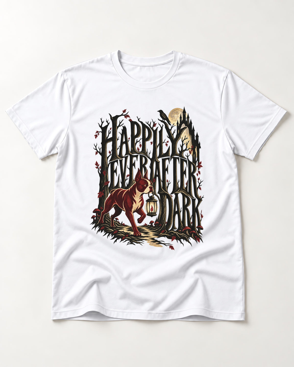 Happily Ever After Dark Boston Terrier T-Shirt in White, flat lay product photo
